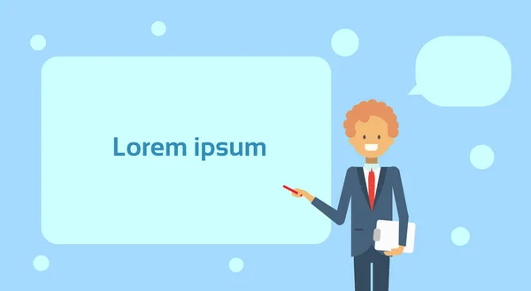 コピー スペース、人のビジネスのプレゼンテーションや会議の概念を示す空のホワイト ボードを指してビジネスマン — ストックベクタ