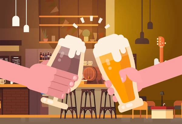 Hands Clinking Beer People In Pub or Bar Restaurant Cheering Party Celebration Festival Concept — Image vectorielle