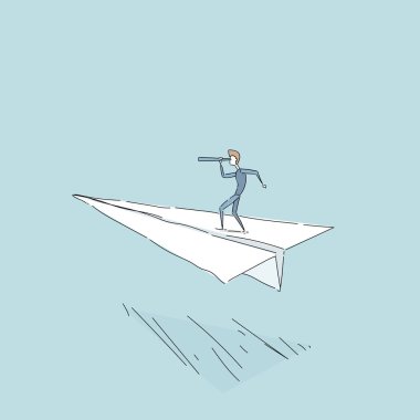 Kağıt Uçak Binoküler başarılı gelecekteki büyüme gelişme kavramı üzerinden seyir üzerinde uçan iş adamı