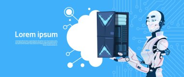 Modern Robot tutun bulut veritabanı sunucusu, fütüristik yapay zeka mekanizması teknoloji