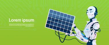 Modern Robot güneş paneli, fütüristik yapay zeka mekanizması teknoloji şarj