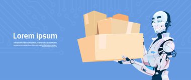 Modern Robot tutun teslim kurye fütüristik yapay zeka mekanizması teknoloji kutulu