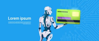 Modern Robot tutun kredi kartı mobil ödeme, fütüristik yapay zeka mekanizması teknoloji