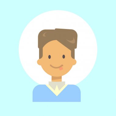 Erkek gösteren dil duygu profil simgesi, adam portre mutlu gülümseyen yüz çizgi film