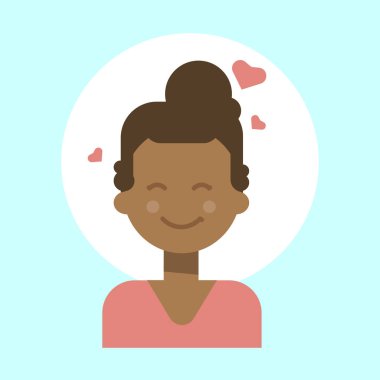 Afrikalı-Amerikalı kadın duygu profil simgesi, kadın portre mutlu gülümseyen yüz çizgi film