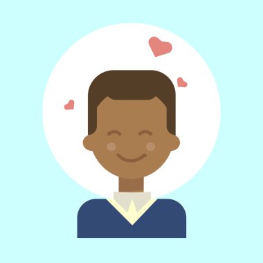 Afro-Amerikan erkek duygu profil simgesi, adam portre mutlu gülümseyen yüz çizgi film