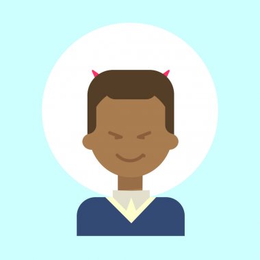 Şeytan boynuzu duygu profil simgesi, adam karikatür portre yüz gülümseyen mutlu olan Afrika kökenli Amerikalı erkek