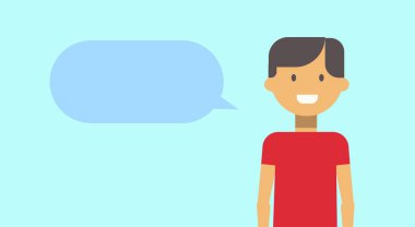 Genç çocuk sohbet kabarcık genç adamla gülümseyen mutlu