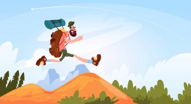Gezgin adam dağlarda büyük sırt çantası ile doğa peyzaj üzerinde gülümseyen mutlu Hiking