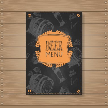 Bira menü tasarımı için ahşap dokulu arka plan üzerinde Chalked Restoran Cafe Pub