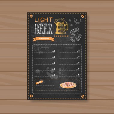 Light bira menü tasarımı için ahşap dokulu arka plan üzerinde Chalked Restoran Cafe Pub