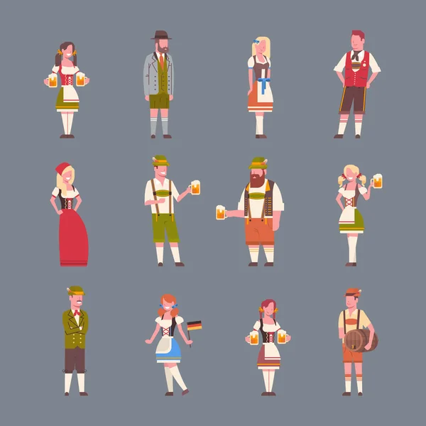 People Wearing German Traditional Clothes Set Of Icons Of Man And Woman Holding Beer Mugs Oktoberfest Party Concept — Stock Vector