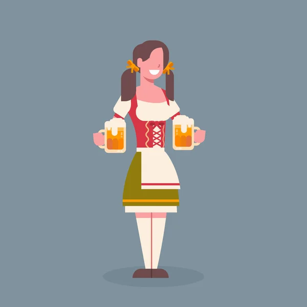 Vrouw houd Bierpul dragen traditionele Duitse kleding Oktoberfest serveerster Fest Concept — Stockvector