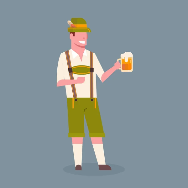 Man Hold Bierpul dragen traditionele Duitse kleding Oktoberfest ober Fest Concept — Stockvector