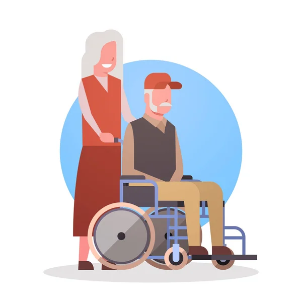 Starszy człowiek na wózku inwalidzkim i kobieta para babci i Grandfathr Gray włosy ikona — Wektor stockowy