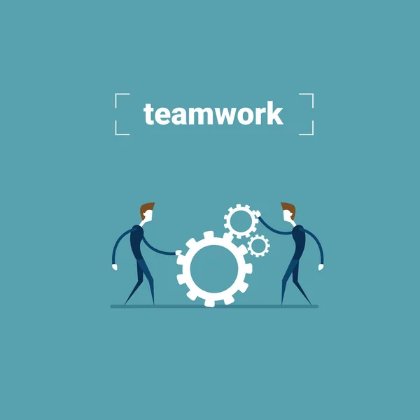 Zwei Geschäftsleute halten Zahnrad Teamwork Kooperationskonzept — Stockvektor