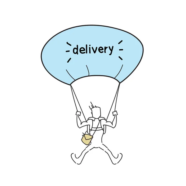 Courier Man flyger på fallskärm håll Box Delivery Service Doodle — Stock vektor