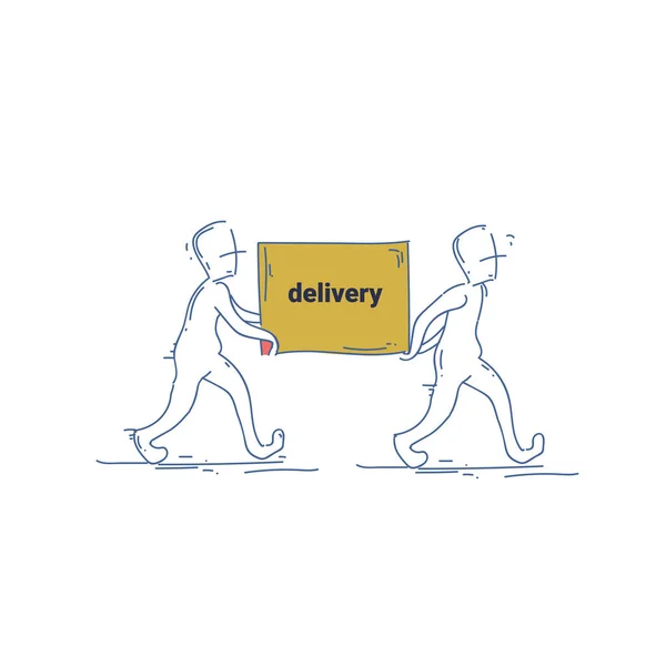 Två Courier Man Carry Box Delivery Service Doodle — Stock vektor