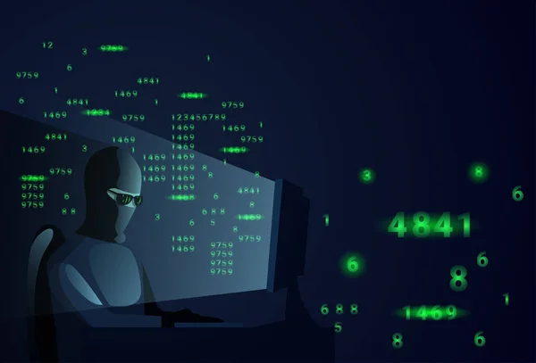 Hacker Man Derrière ordinateur de bureau attaque de nuit et concept de sécurité des données — Image vectorielle