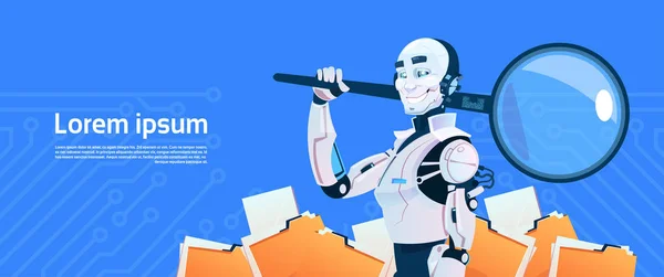 Moderna Robot håll förstoringsglas Data Sök begrepp, futuristiska artificiell intelligens mekanism teknik — Stock vektor