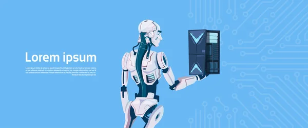 Moderní Robot drží Cloud databázový Server, futuristické umělé inteligence mechanismus technologie — Stockový vektor