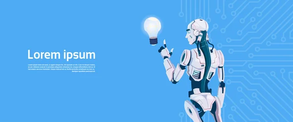 Nowoczesnego robota przytrzymaj Light Bulb, futurystyczny sztuczna inteligencja technologia mechanizm — Wektor stockowy