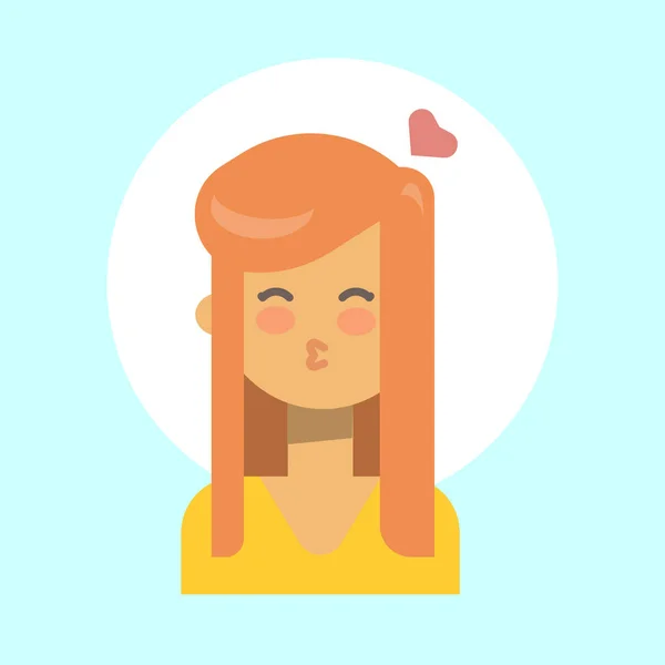 Golpe femenino beso emoción perfil icono, mujer dibujo animado retrato feliz sonrisa cara — Vector de stock