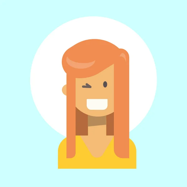 Ícone feminino do perfil da emoção do piscar de olhos, retrato dos desenhos animados da mulher Rosto sorridente feliz — Vetor de Stock