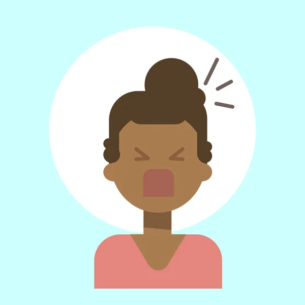 Icona del profilo emotivo femminile afroamericana urlante, volto ritratto del fumetto della donna — Vettoriale Stock