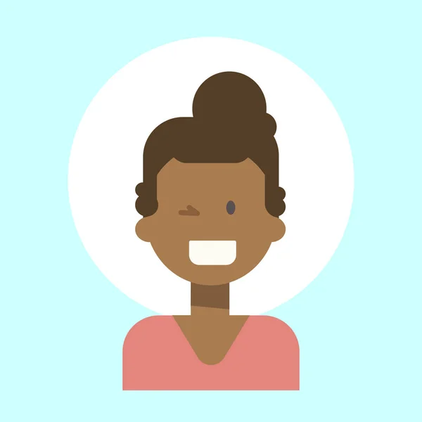 Icono de perfil de emoción de guiño femenino afroamericano, retrato de dibujos animados de mujer Cara sonriente feliz — Vector de stock