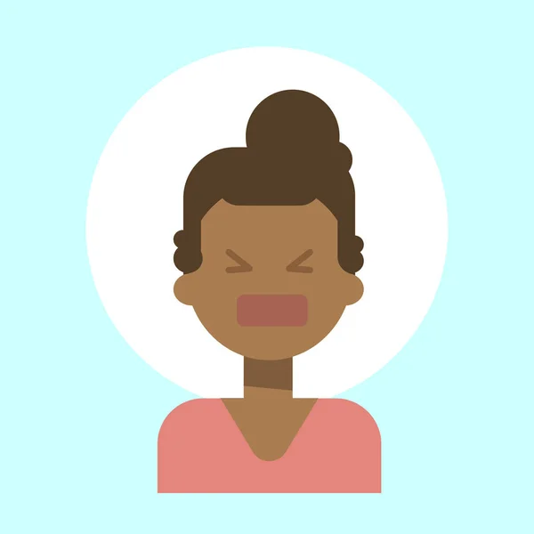 Africano Americano Femenino Gritando Emoción Perfil Icono, Mujer Caricatura Retrato Cara — Vector de stock