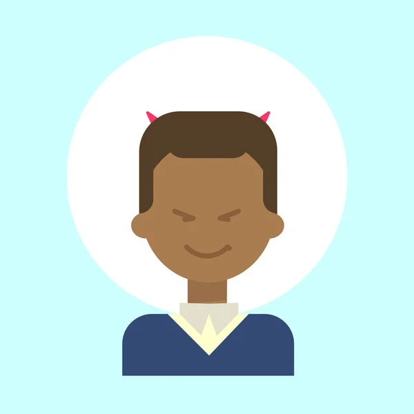 African American man met de duivel hoorns emotie profielpictogram, Man Cartoon portret gelukkig lachend gezicht — Stockvector