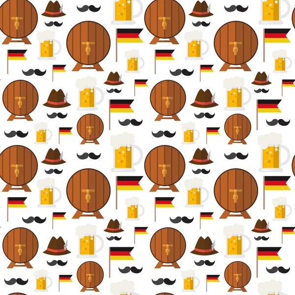 Dikişsiz desen bira fıçısı ve kupalar süsleme Oktoberfest Festival tatil dekorasyon konsepti — Stok Vektör