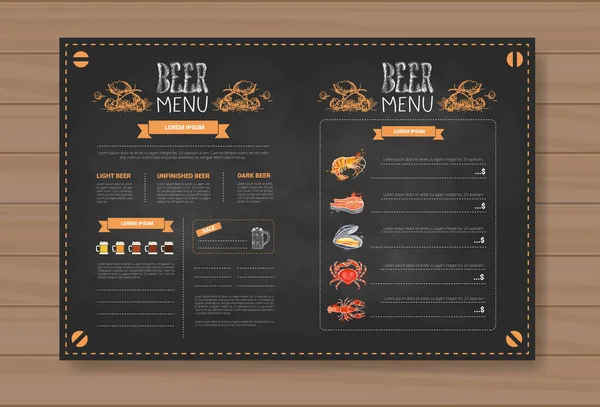 Projeto do menu da cerveja e do alimento do mar para o bar do café do restaurante calcado no fundo texturizado de madeira —  Vetores de Stock