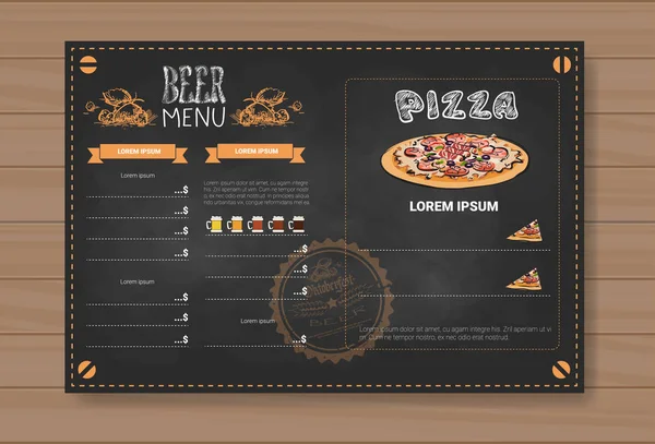 Bira ve Pizza menü tasarımı için ahşap dokulu arka plan üzerinde Chalked Restoran Cafe Pub