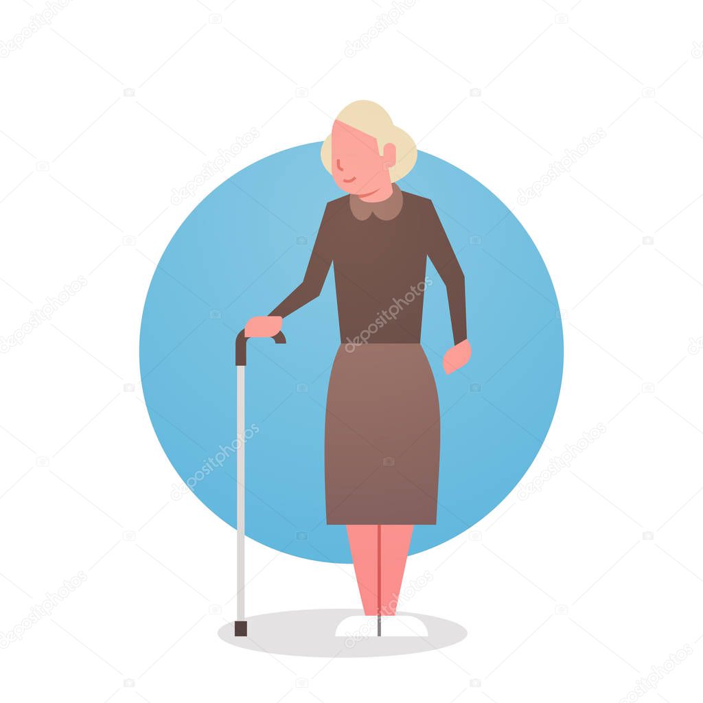 Senior Woman With Stick Grandmother Gray Hair Female Icon Full Length Lady