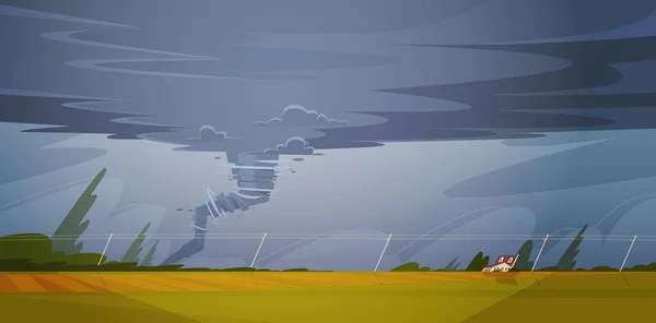 Tornado In platteland orkaan landschap van Storm waterhoos Twister In veld natuurramp Concept — Stockvector