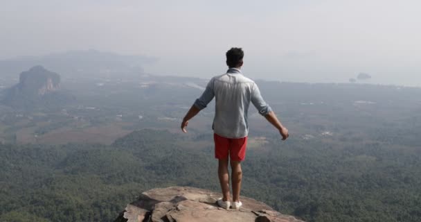 Hombre en la cima de la montaña levantar las manos mirando hermosa Landspace Volver Vista trasera del turista masculino — Vídeos de Stock