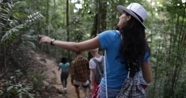 Cheerful Group Of Tourists Trekking Forest Path On Hike, Young People With Backpacks Hiking Together — Stock Video