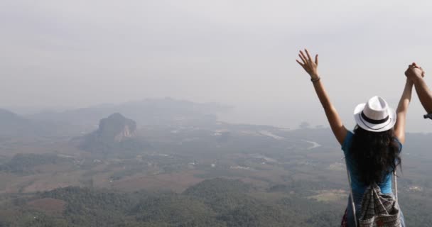 Indietro Retrovisore di coppia di turisti sulla cima della montagna tenere alzato mani godere di libertà uomo e donna guardando paesaggio — Video Stock