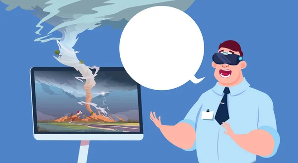 害怕的人在虚拟 3d 眼镜看广播龙卷风飓风损害有关的新闻风暴水龙卷在农村自然灾害概念 — 图库矢量图片
