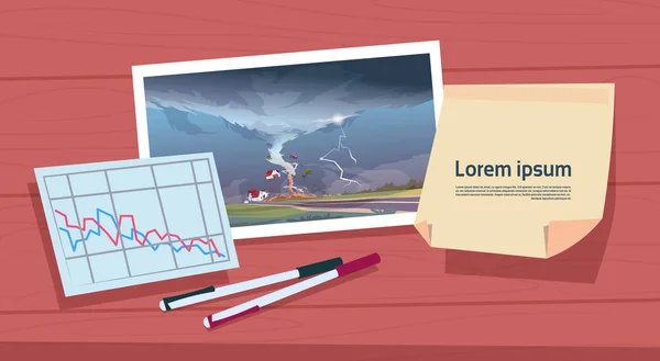 Kronkelende Tornado beeld van orkaan landschap en schade statistiek grafiek, Storm waterhoos In platteland natuurramp Concept — Stockvector