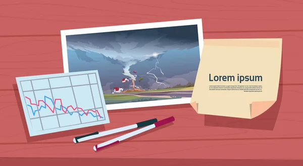 Twisting Tornado Image Of Hurricane Landscape And Damage Statistic Graph, Storm Waterspout In Countryside Natural Disaster Concept — Stock Vector