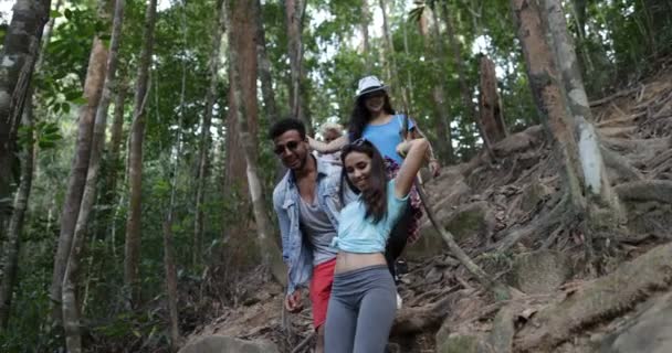 Группа туристов, идущих вниз по склону через леса в походе, разнообразные люди походы лесной тропинке вместе — стоковое видео