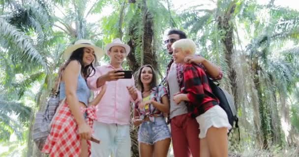 人组与谈话使用单元格的背包智能手机，男人和女人看照片上在热带棕榈树森林徒步旅行 — 图库视频影像