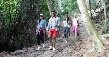 İnsanlar grubu ile orman yolu yürüyüş yokuş aşağı, genç erkek ve kadın üzerinde zam Trekking sırt çantaları