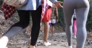 İnsanlar konuşurken turist ormanda yürüyüş grup ormanda Hile Trekkking yol karıştırmak yarış arkadaş birlikte Hiking