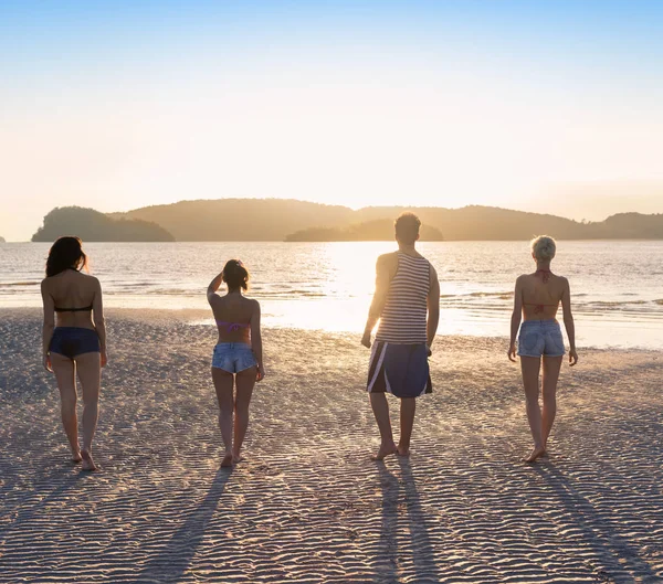 若者が日没夏休みでビーチのグループ、戻って海辺を歩いている友人の背面図 — ストック写真