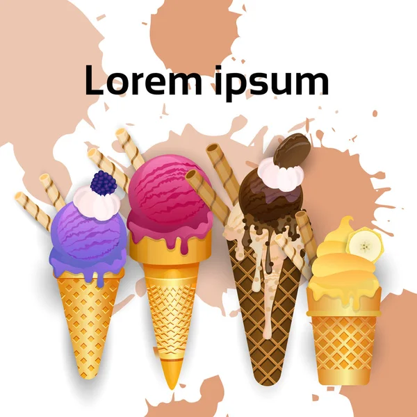 Ice Cream Cones instellen andere smaak Dessert kleurrijke Poster — Stockvector