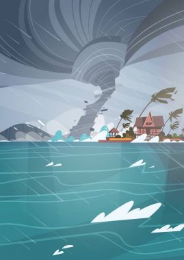 Kasırga Tornado gelen gelen evleri sahil tropikal doğal afet kavramı üzerinde okyanus büyük dalgalar deniz Hurricane